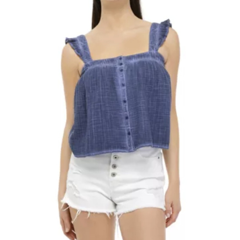 True Craft Blue Cotton Gauze Ruffle Strap Button Front Babydoll Tank Top Medium